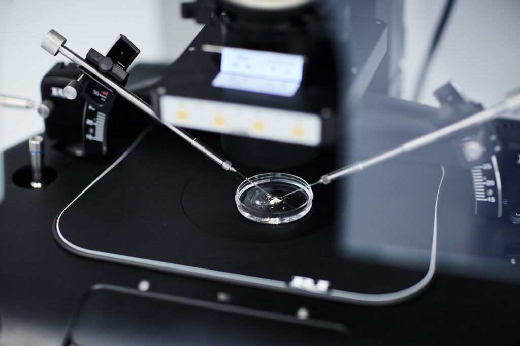 Detail eines Mikroskops im Labor der Gyncare Klinik in der Slowakei – moderne Ausrüstung für In-vitro-Fertilisation-Verfahren.