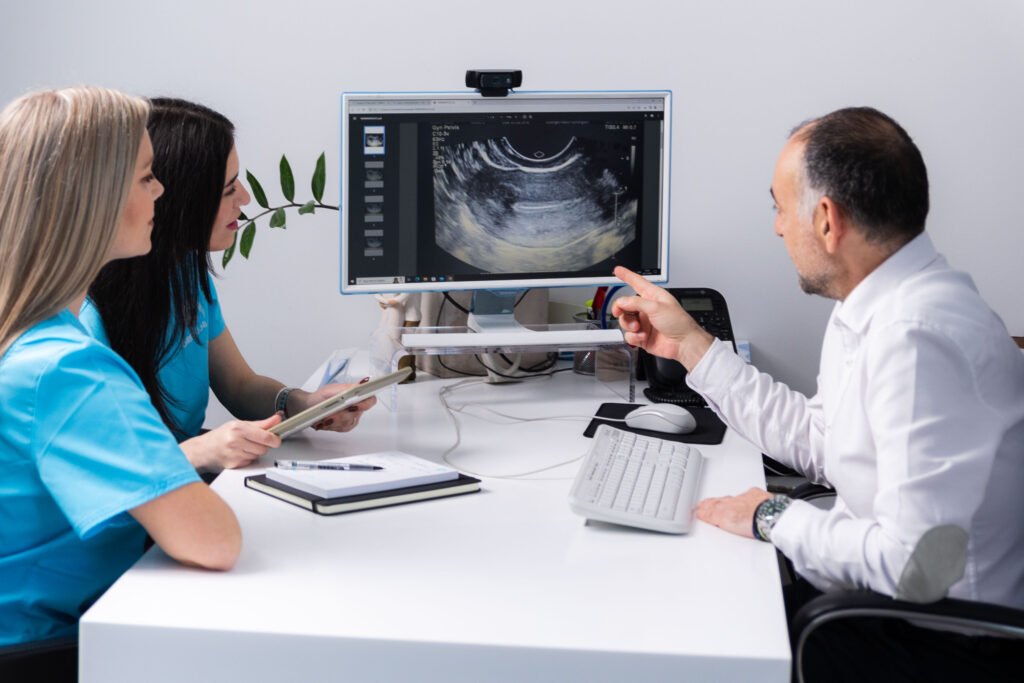 Ein Gynäkologe in der Embryolab-Klinik in Thessaloniki zeigt dem Expertenteam ein Ultraschallbild