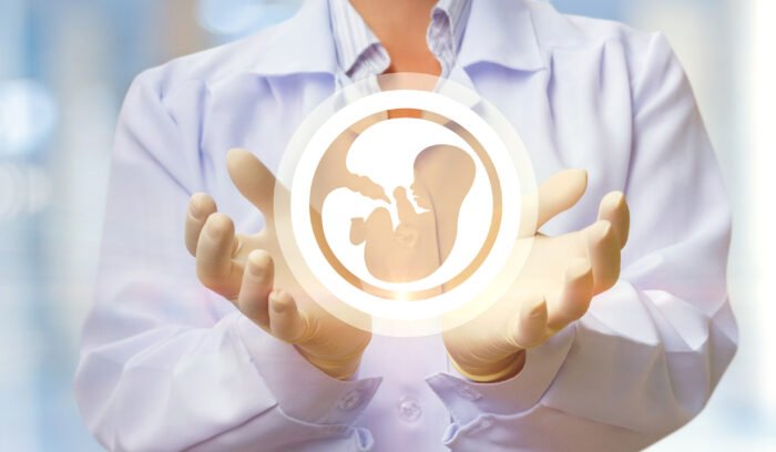 Ein Arzt in einem weißen Kittel und sterilen Handschuhen hält ein symbolisches Hologramm eines Embryos in den Händen, das den In-vitro-Fertilisation- und Embryotransfer-Prozess darstellt.