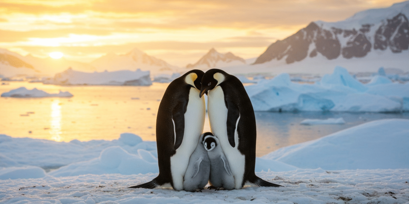 Zwei erwachsene Pinguine mit kleinem Baby-Pinguin, Symbol für aufgeschobene Familienplanung und Social Freezing