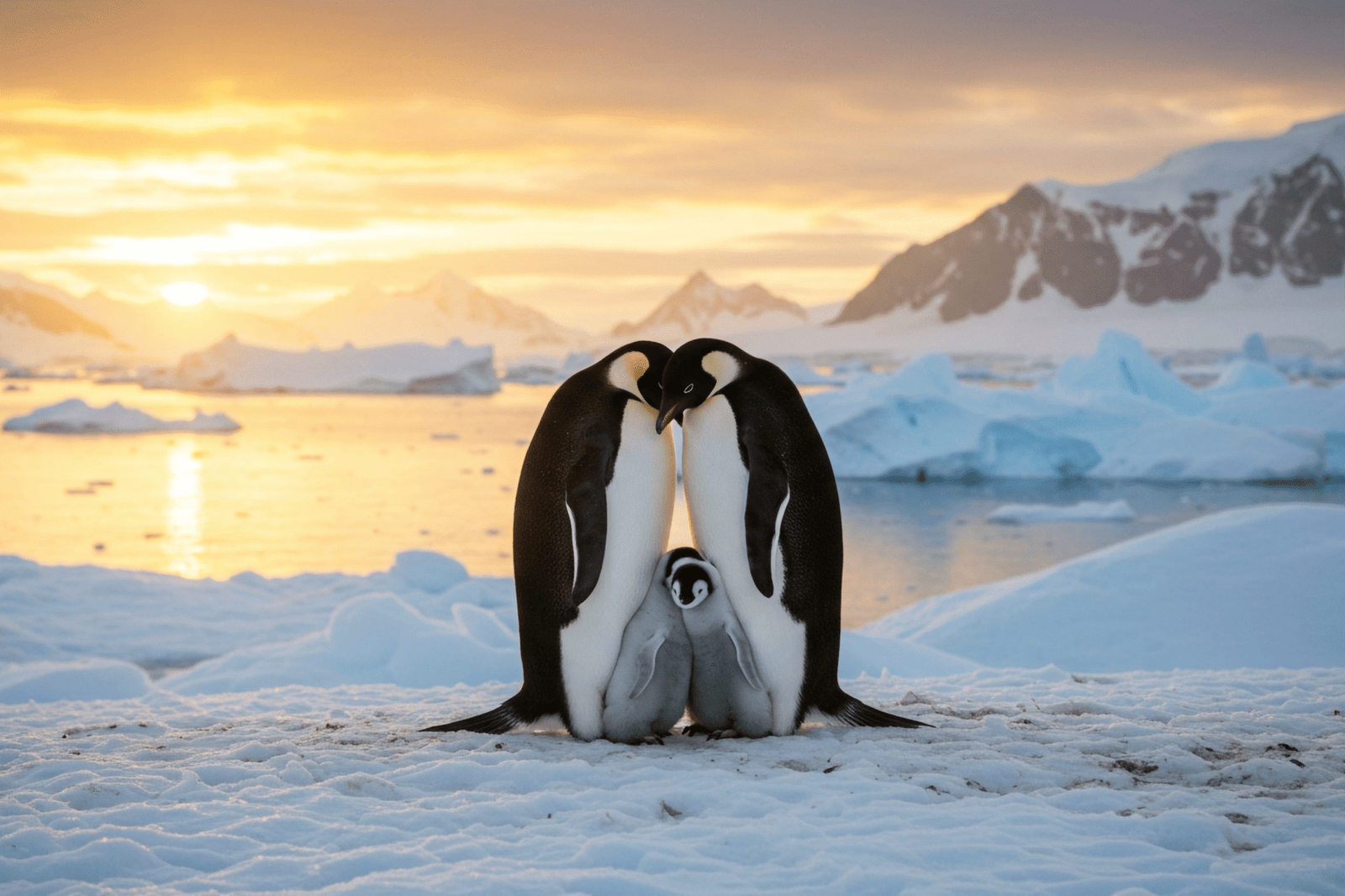 Zwei erwachsene Pinguine mit kleinem Baby-Pinguin, Symbol für aufgeschobene Familienplanung und Social Freezing