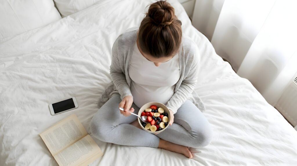Top view of a pregnant woman eating a healthy bowl of sliced bananas and mixed berries while relaxing on a white bed with an open book and a mobile phone nearby