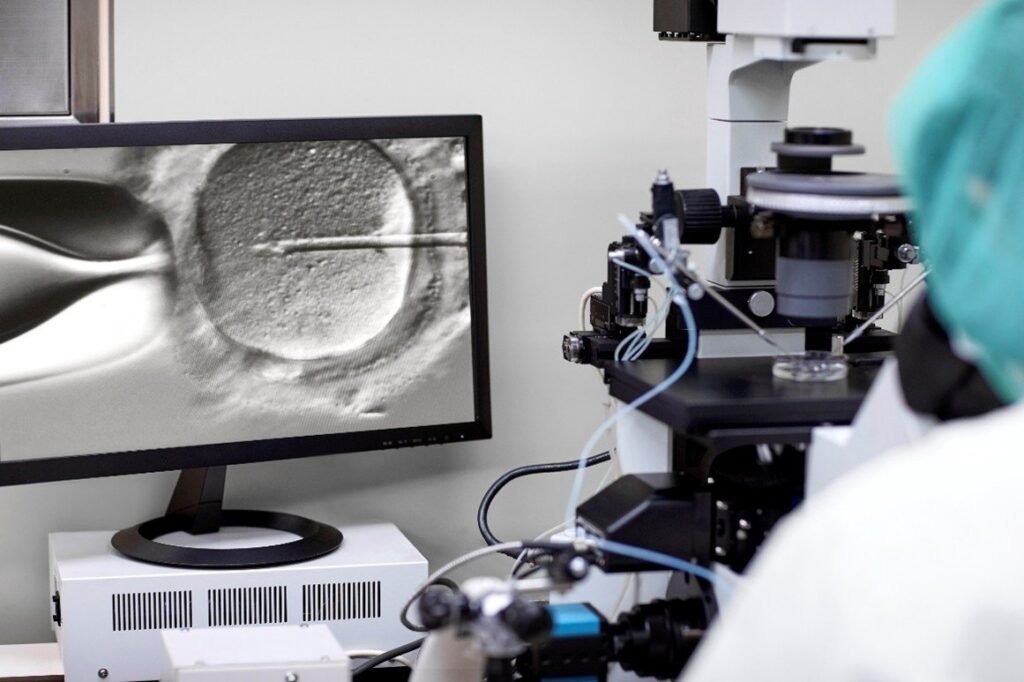 Embryologin am Mikroskop; auf dem Monitor ist eine Eizelle zu sehen, in die eine Spermienzelle injiziert wird (ICSI).