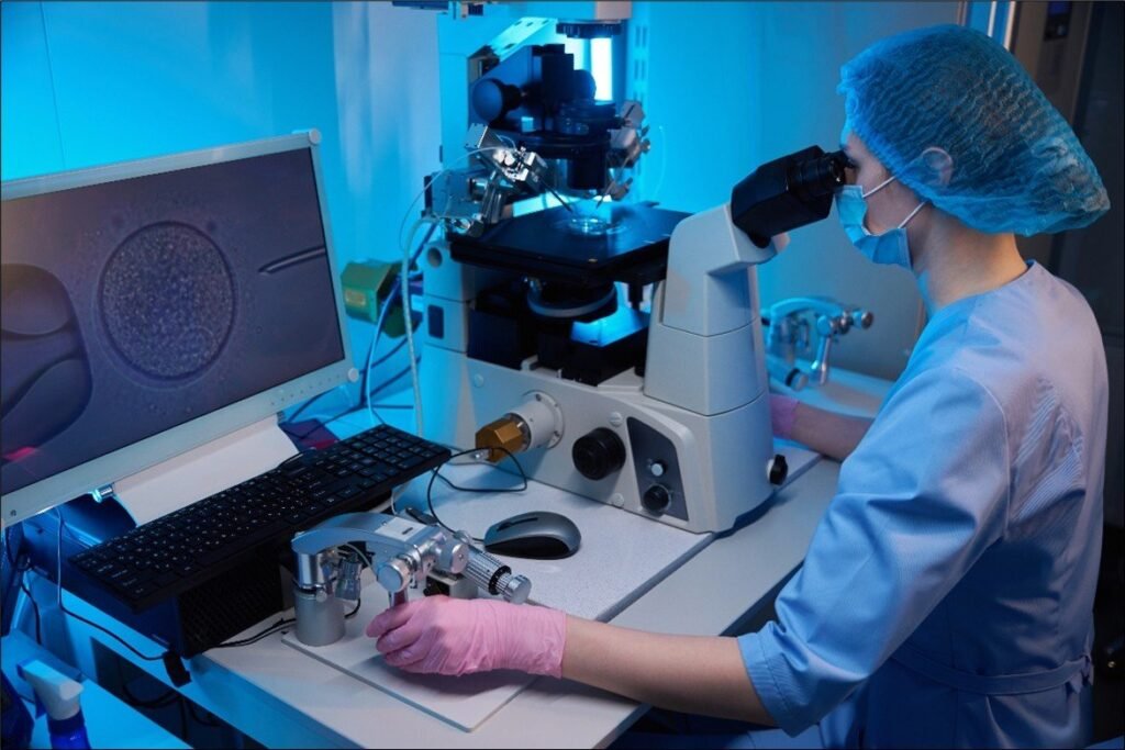 Eine Embryologin arbeitet im Labor am Mikroskop; auf dem Monitor ist eine Eizelle abgebildet.