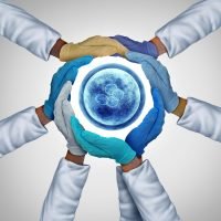 Schritt für Schritt Ein Team von Ärzten in Handschuhen hält eine symbolische Zelle, die den gemeinsamen Einsatz im Prozess der künstlichen Befruchtung darstellt